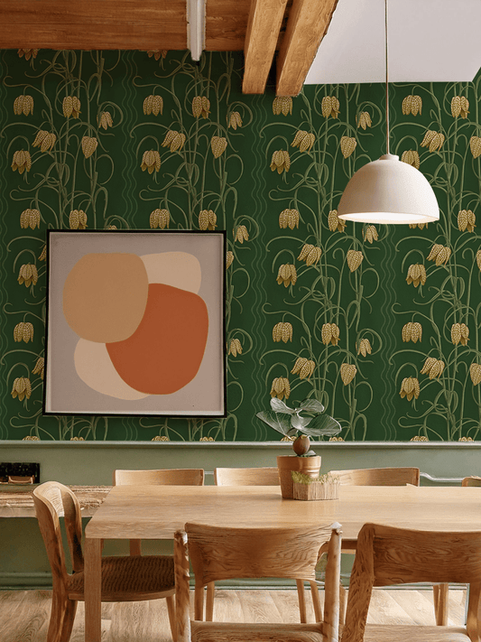 Campanas Wallpaper, dark green and ocher - mosswell.us