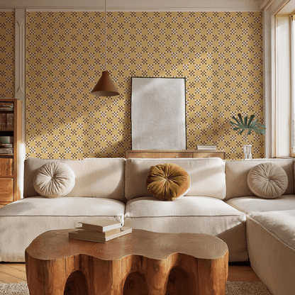 Checkered Quilt Wallpaper, butter yellow, brown and white - mosswell.us
