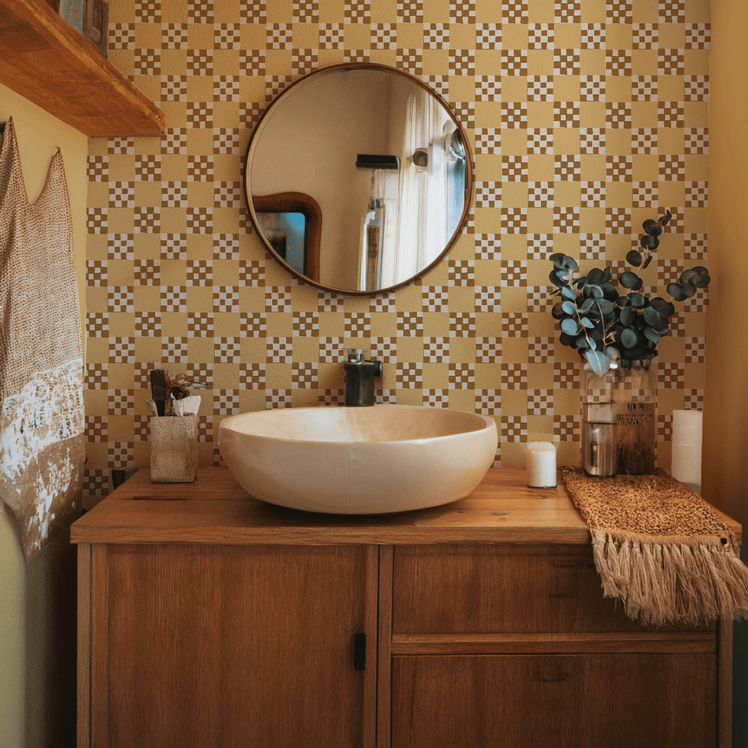 Checkered Quilt Wallpaper, butter yellow, brown and white - mosswell.us