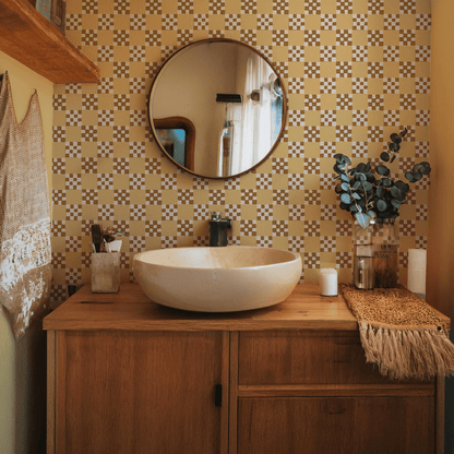 Checkered Quilt Wallpaper, butter yellow, brown and white - mosswell.us