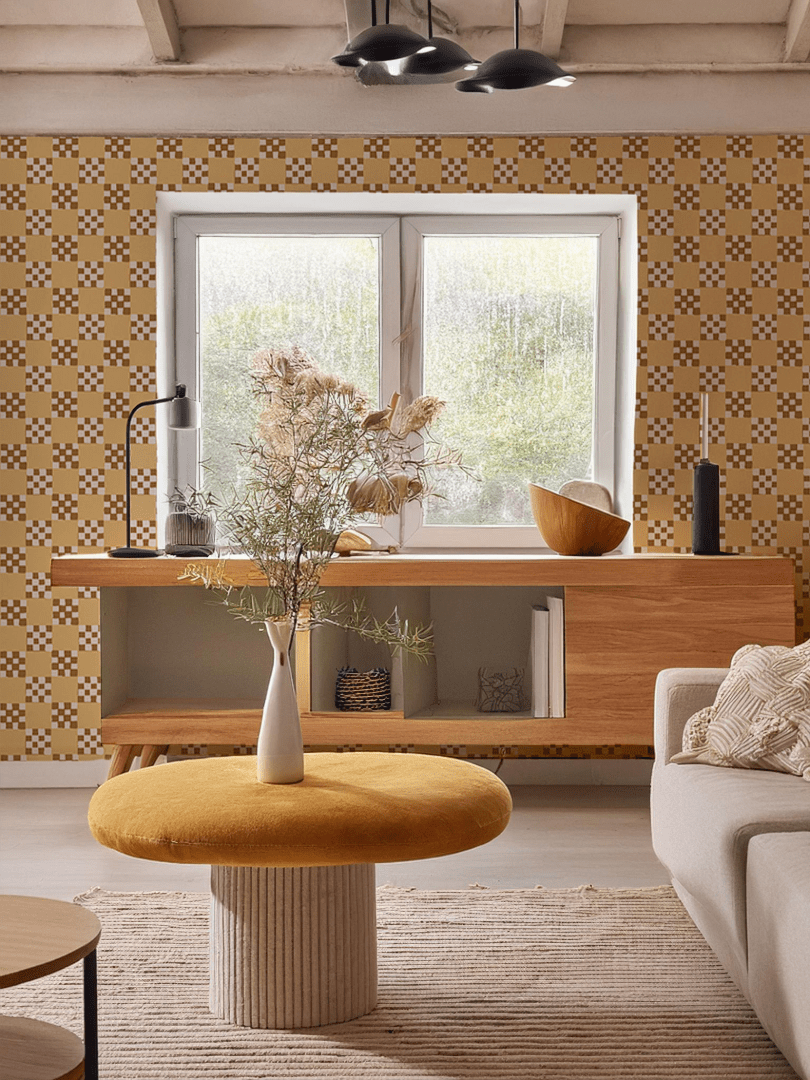 Checkered Quilt Wallpaper, butter yellow, brown and white - mosswell.us