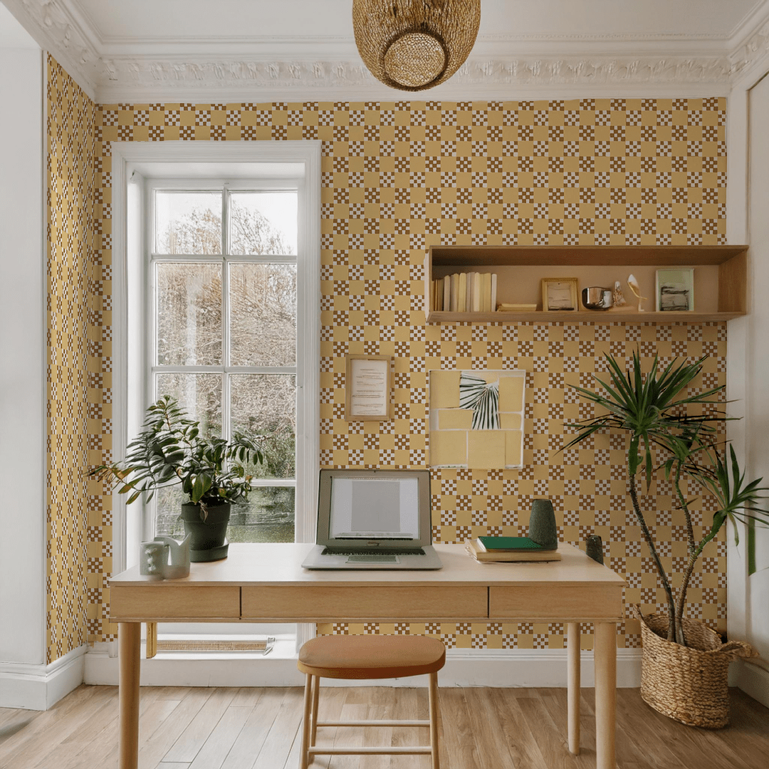 Checkered Quilt Wallpaper, butter yellow, brown and white - mosswell.us