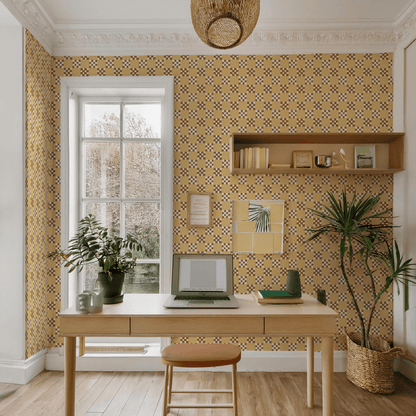 Checkered Quilt Wallpaper, butter yellow, brown and white - mosswell.us