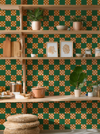 Checkered Quilt Wallpaper, green, peach and toffee - mosswell.us