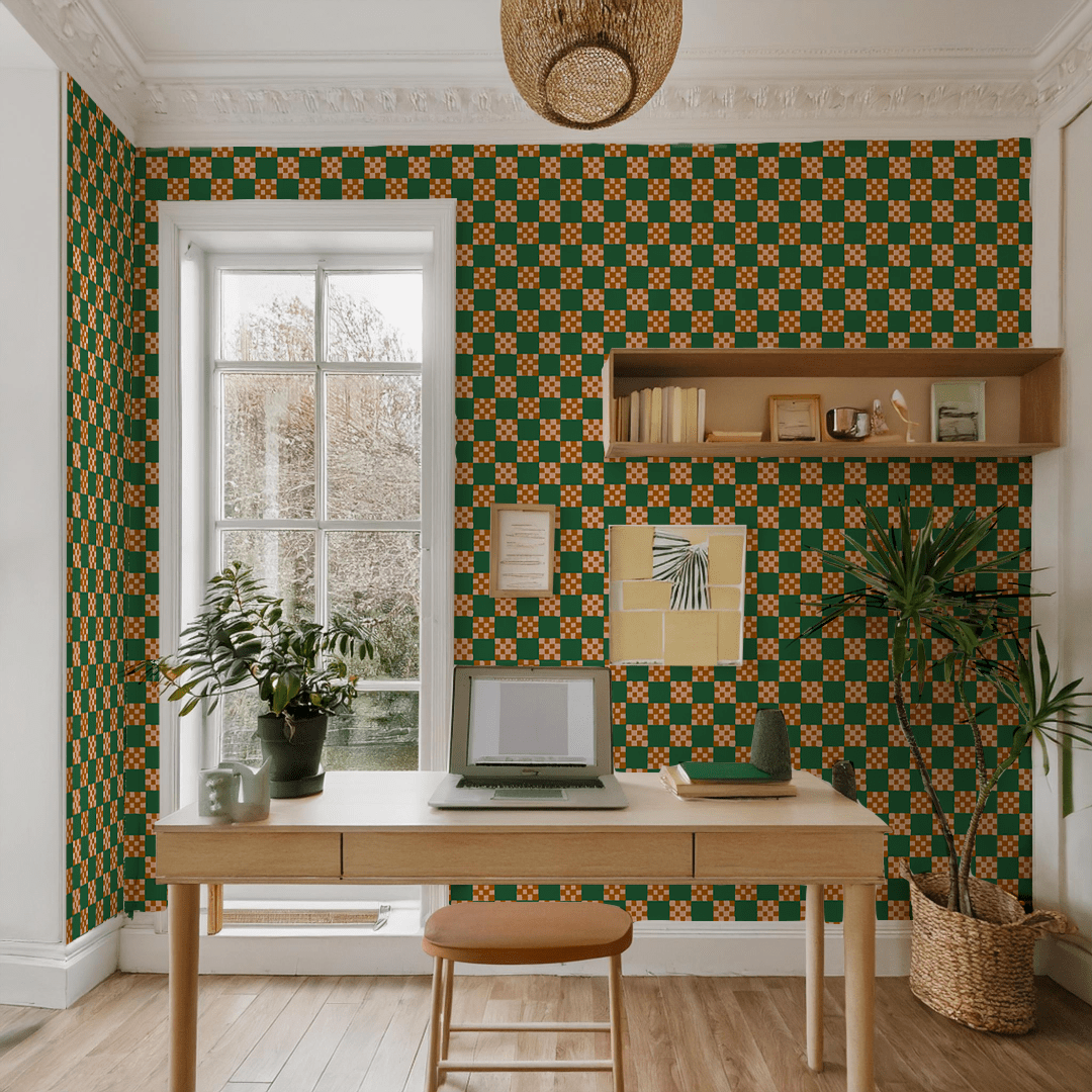 Checkered Quilt Wallpaper, green, peach and toffee - mosswell.us
