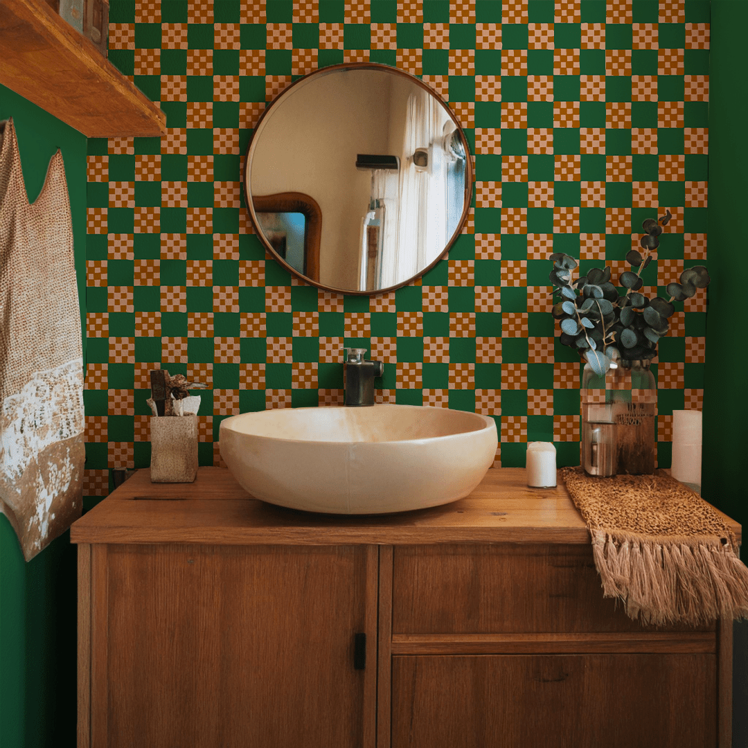Checkered Quilt Wallpaper, green, peach and toffee - mosswell.us