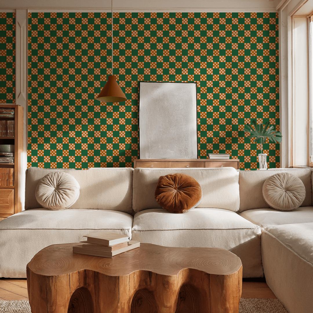 Checkered Quilt Wallpaper, green, peach and toffee - mosswell.us