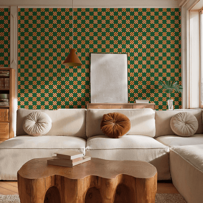 Checkered Quilt Wallpaper, green, peach and toffee - mosswell.us