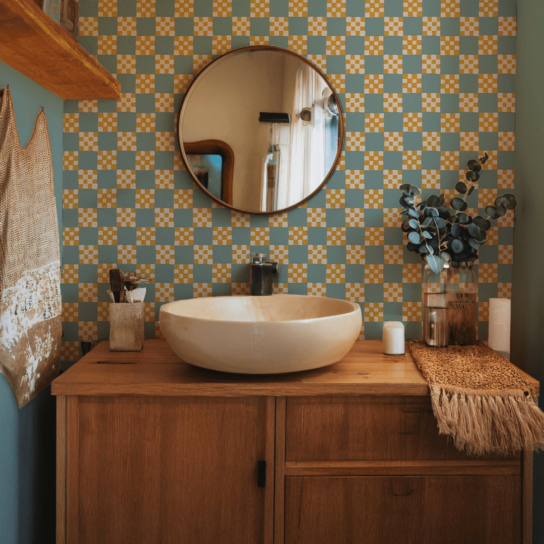 Checkered Quilt Wallpaper, light blue and yellow - mosswell.us