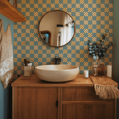 Checkered Quilt Wallpaper, light blue and yellow - mosswell.us