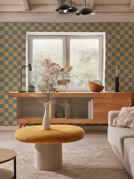 Checkered Quilt Wallpaper, light blue and yellow - mosswell.us