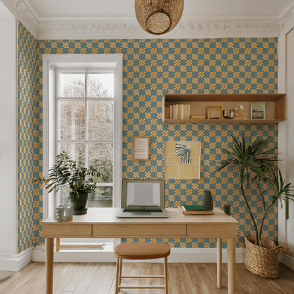 Checkered Quilt Wallpaper, light blue and yellow - mosswell.us