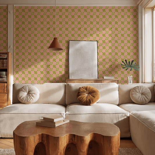 Checkered Quilt Wallpaper, pink, olive green and light beige - mosswell.us