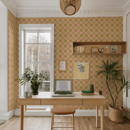 Checkered Quilt Wallpaper, pink, olive green and light beige - mosswell.us