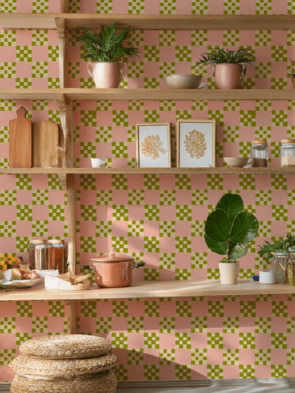 Checkered Quilt Wallpaper, pink, olive green and light beige - mosswell.us