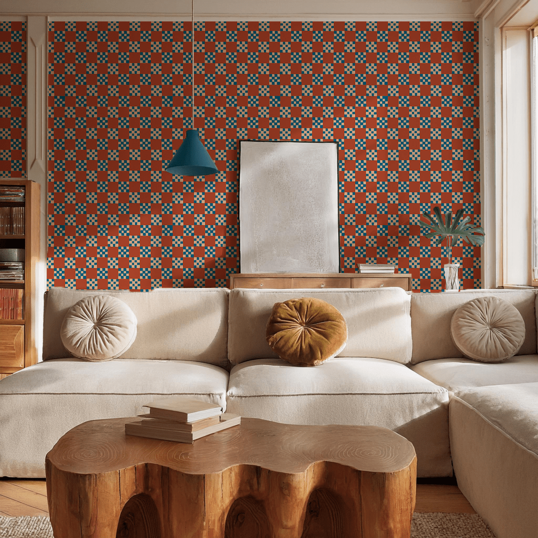 Checkered Quilt Wallpaper, rust, peach & blue - mosswell.us