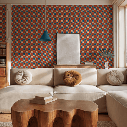 Checkered Quilt Wallpaper, rust, peach & blue - mosswell.us