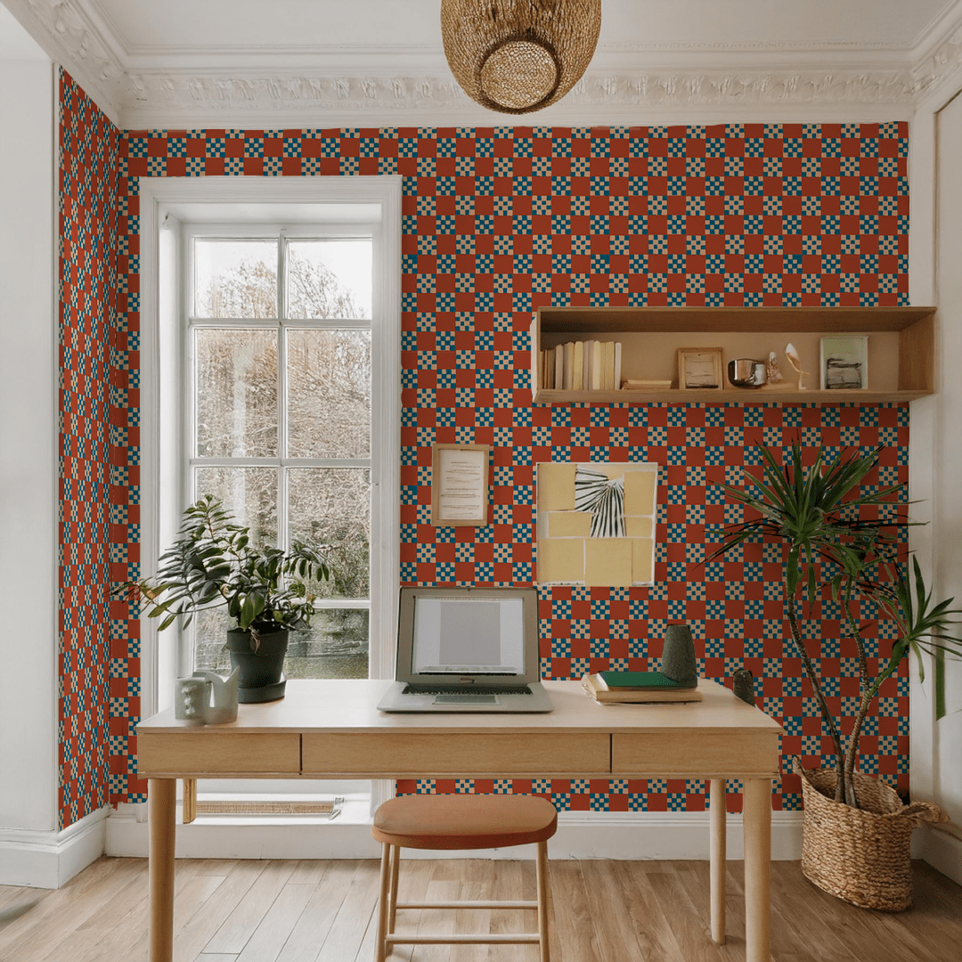 Checkered Quilt Wallpaper, rust, peach & blue - mosswell.us