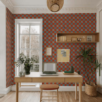 Checkered Quilt Wallpaper, rust, peach & blue - mosswell.us