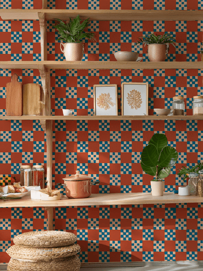 Checkered Quilt Wallpaper, rust, peach & blue - mosswell.us