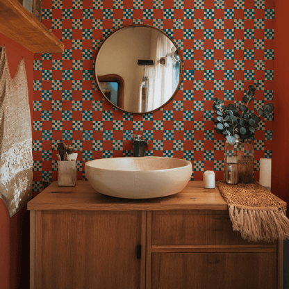Checkered Quilt Wallpaper, rust, peach & blue - mosswell.us