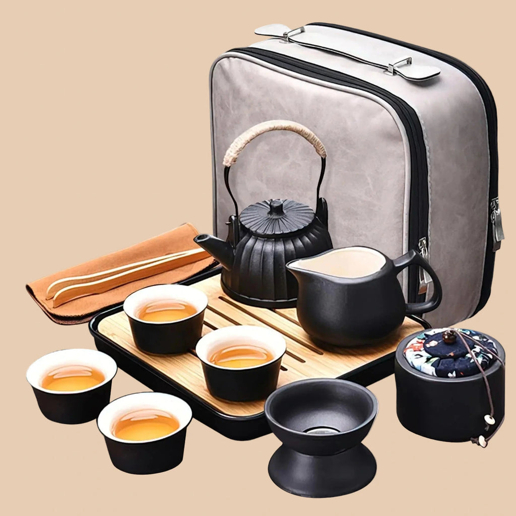 Chinese tea set Gongfu tea set japanese tea set Travel tea set traditional ceramic tea set with TeapotPortable Tea SetTravelHomeOutdoorOffice PicnicBusiness (Tiliang black 4cups) - mosswell.us