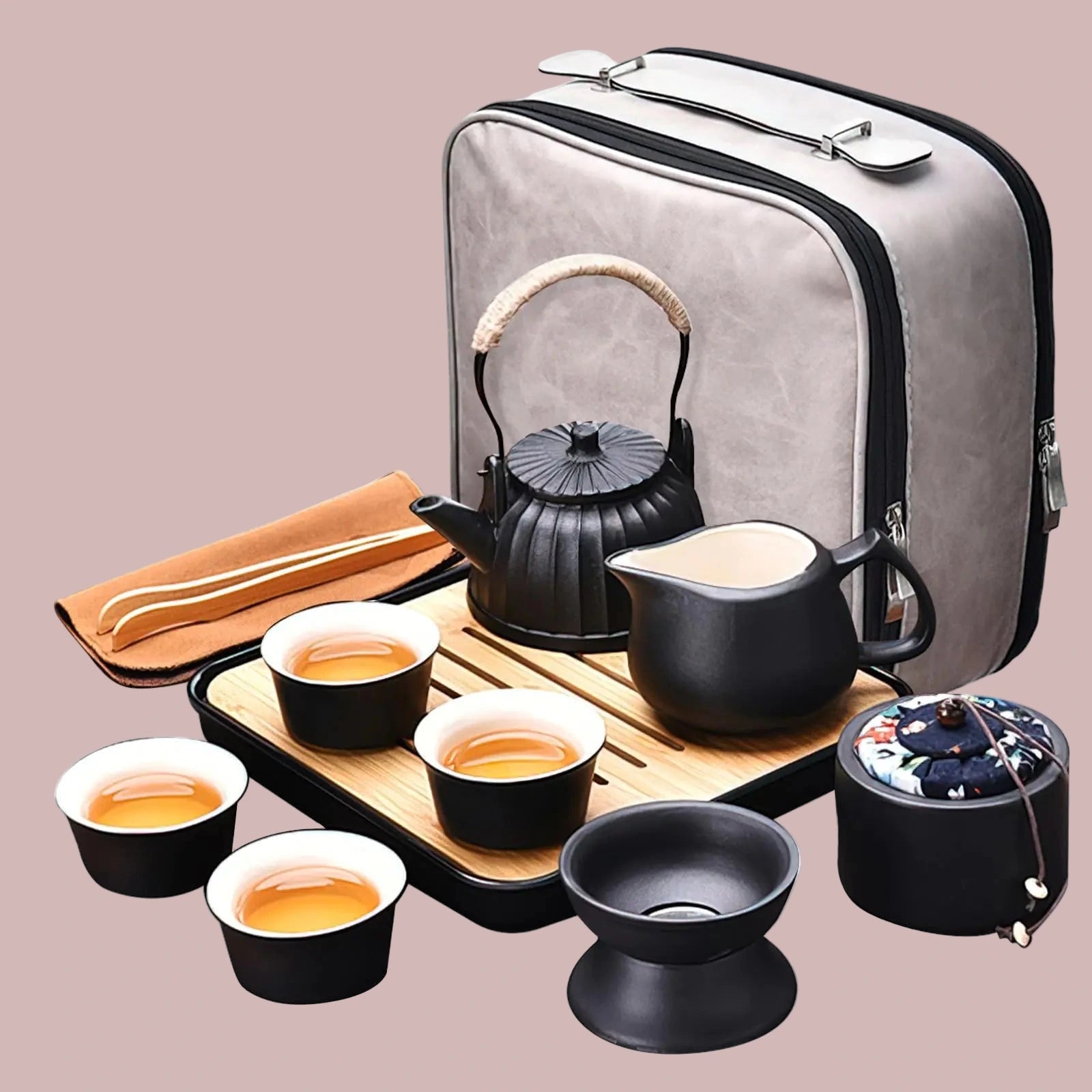 Chinese tea set Gongfu tea set japanese tea set Travel tea set traditional ceramic tea set with TeapotPortable Tea SetTravelHomeOutdoorOffice PicnicBusiness (Tiliang black 4cups) - mosswell.us