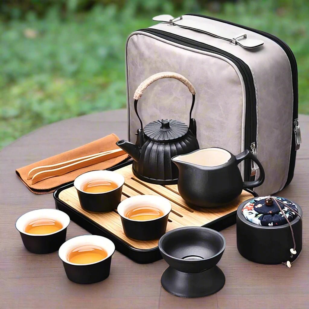 Chinese tea set Gongfu tea set japanese tea set Travel tea set traditional ceramic tea set with TeapotPortable Tea SetTravelHomeOutdoorOffice PicnicBusiness (Tiliang black 4cups) - mosswell.us