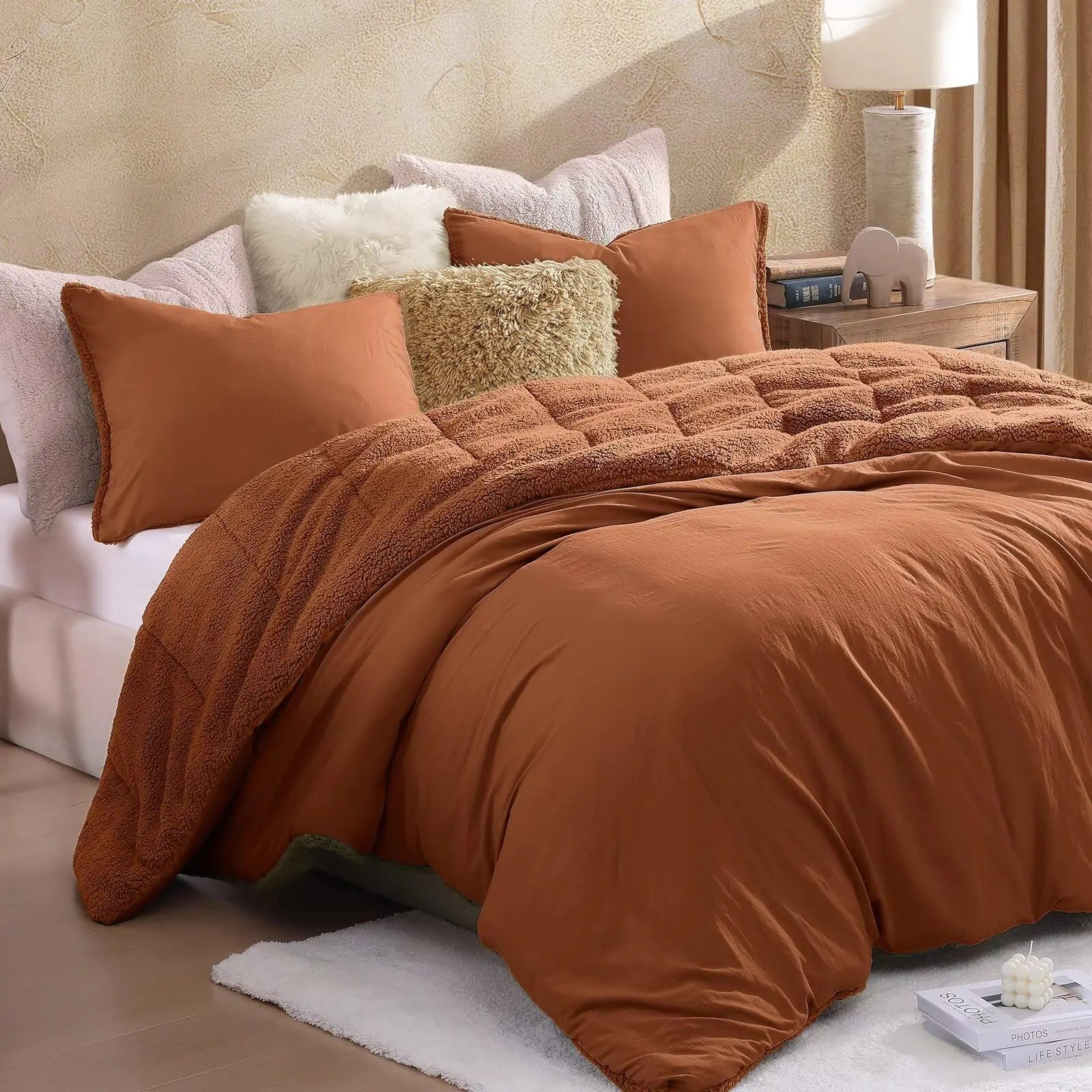 Comforter Set Burnt Orange Sherpa Fleece - King Size - mosswell.us