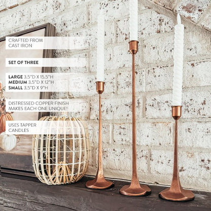 Copper Finish Cast Iron Taper Candle Holders, Set of Three - mosswell.us
