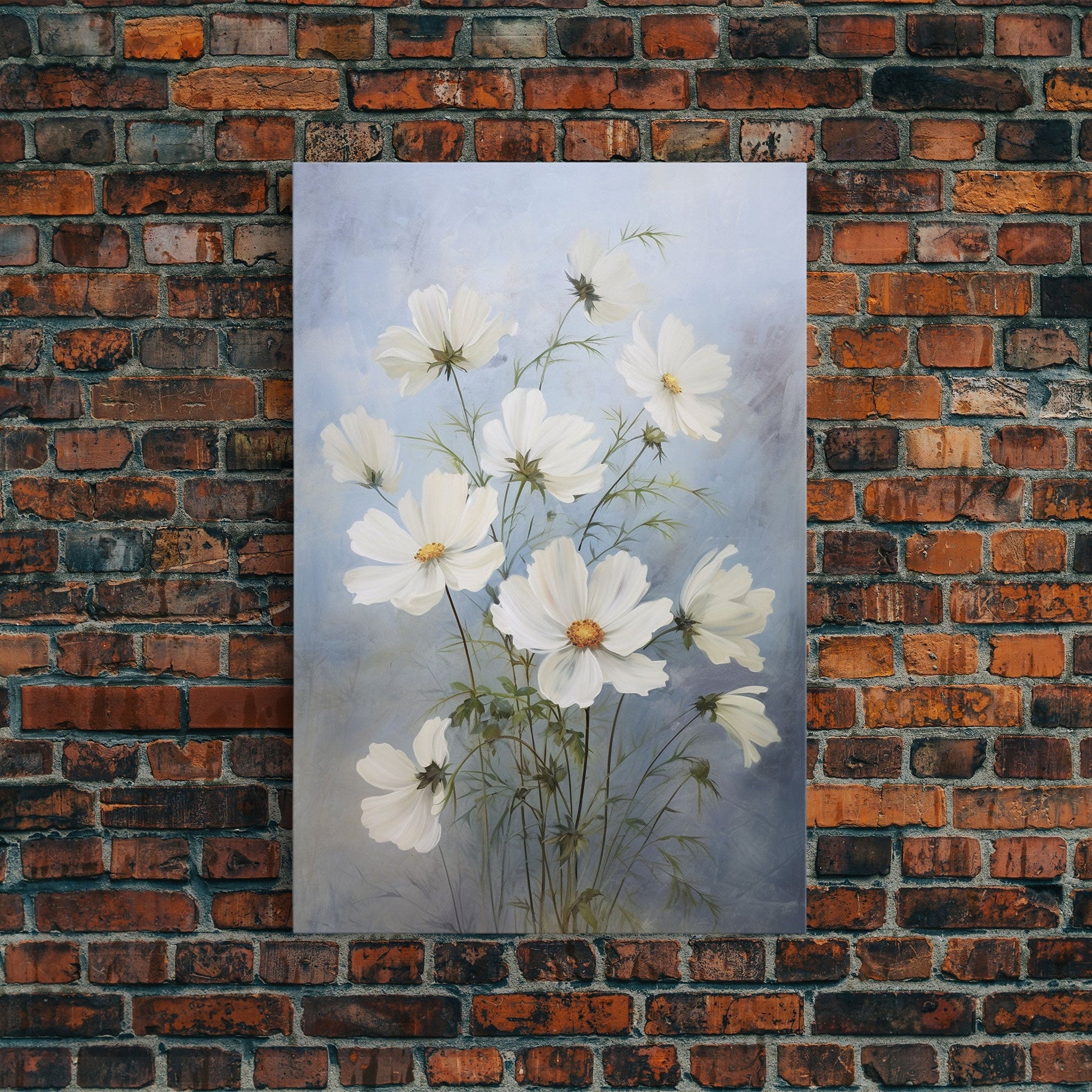 Cosmos Art Print - Framed Canvas Art - Oil Painting Poster Print - White Flowers Still Life - Small Flower Bouquet Oil Painting Wall Art - mosswell.us