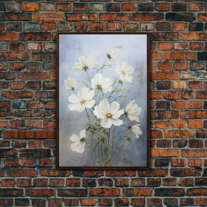 Cosmos Art Print - Framed Canvas Art - Oil Painting Poster Print - White Flowers Still Life - Small Flower Bouquet Oil Painting Wall Art - mosswell.us