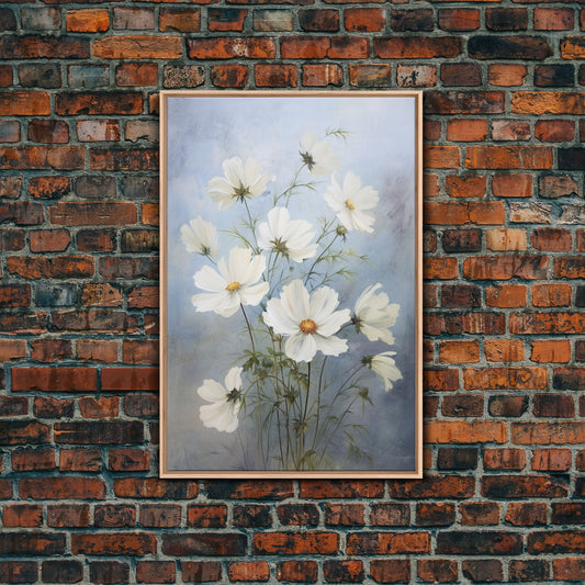 Cosmos Art Print - Framed Canvas Art - Oil Painting Poster Print - White Flowers Still Life - Small Flower Bouquet Oil Painting Wall Art - mosswell.us
