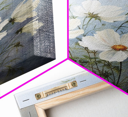 Cosmos Art Print - Framed Canvas Art - Oil Painting Poster Print - White Flowers Still Life - Small Flower Bouquet Oil Painting Wall Art - mosswell.us