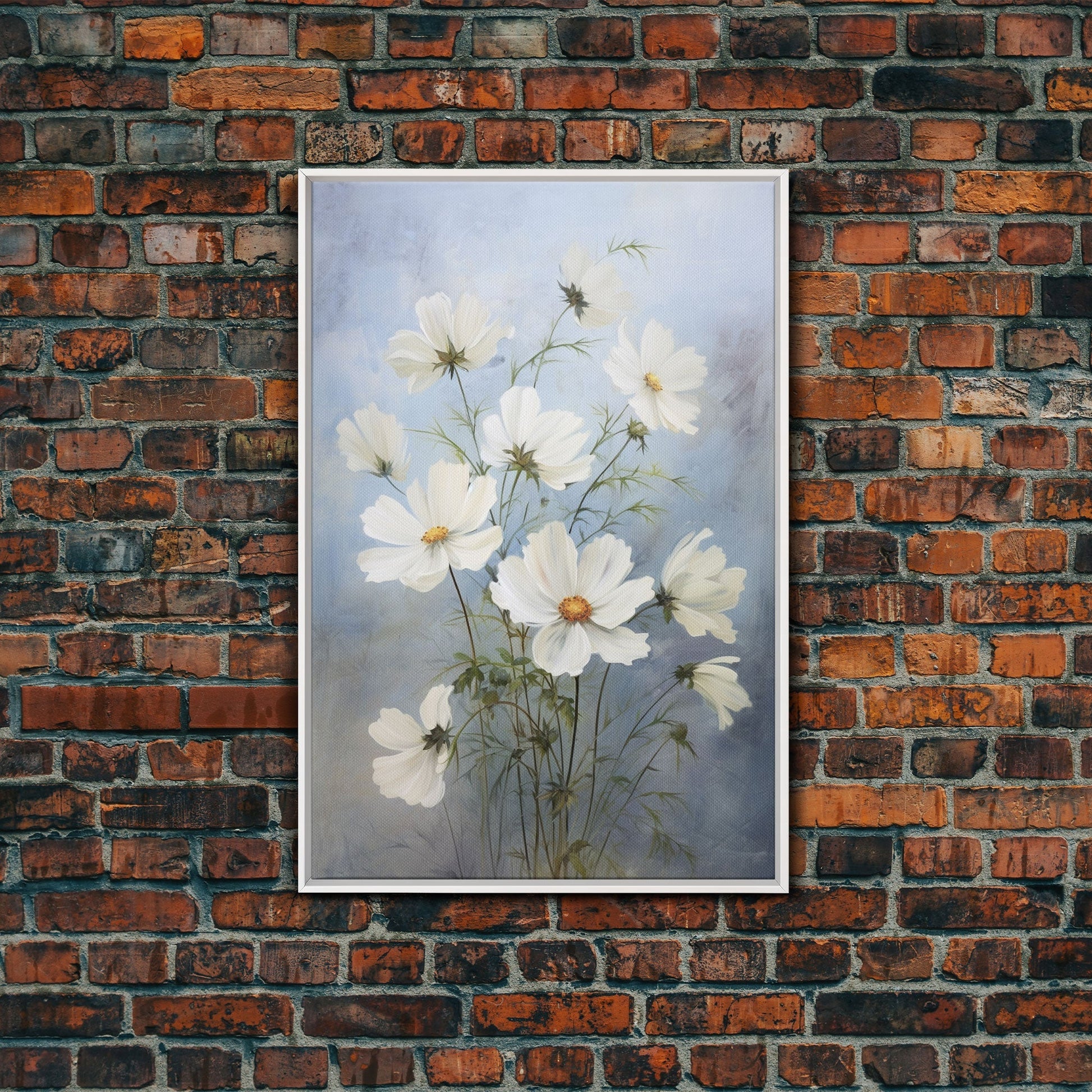 Cosmos Art Print - Framed Canvas Art - Oil Painting Poster Print - White Flowers Still Life - Small Flower Bouquet Oil Painting Wall Art - mosswell.us