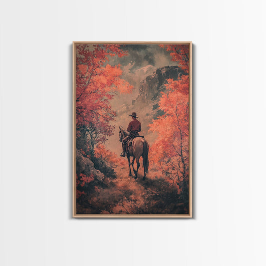 Cowboy in Forested Autumn Trail Framed Canvas Print Vintage Christmas Wall Decor Autumn Landscape Christmas Art Print Country Christmas - mosswell.us
