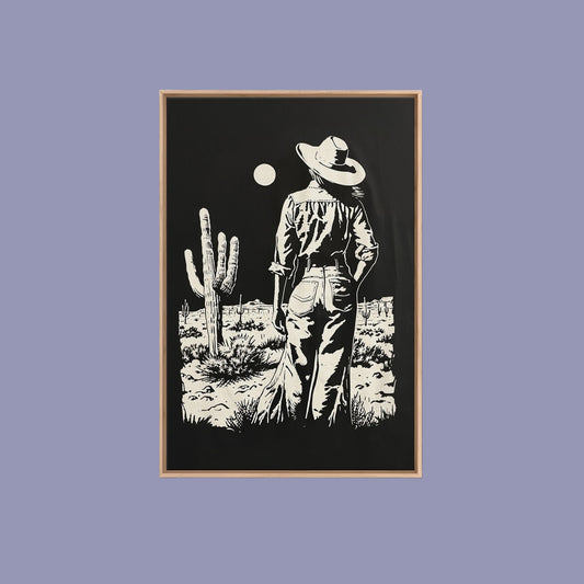 Cowgirl Guitarist Art Print, Western Silhouette Framed Canvas, Vintage Country Music Artwork, Rustic Western Home Decor - mosswell.us