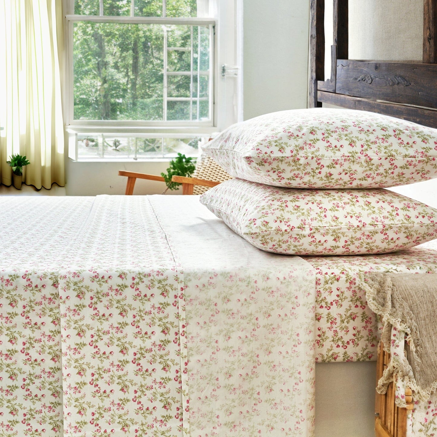 DaDa Bedding Collection Romantic Coquette Sheet Set - 100% Cotton [ Poplin Cotton ] Floral Fitted & Flat Sheets with Pillowcases - Deep Pocket Design - Soft, Breathable, Wrinkle - Resistant - mosswell.us