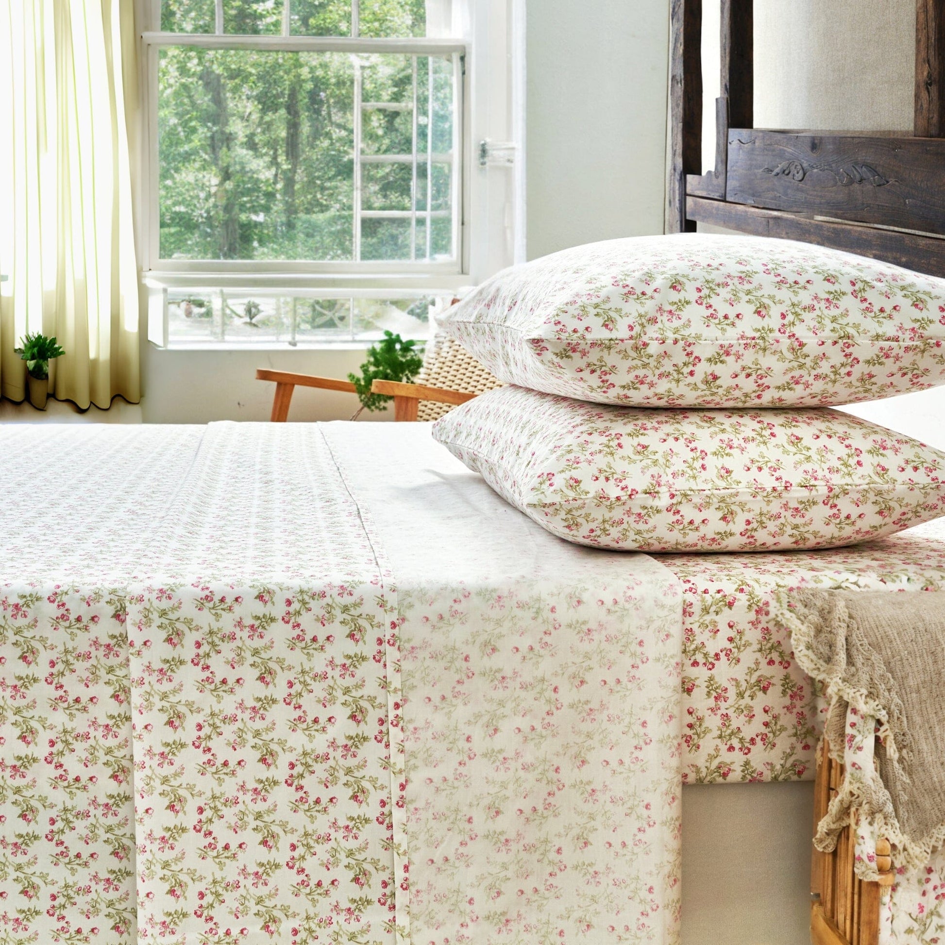 DaDa Bedding Collection Romantic Coquette Sheet Set - 100% Cotton [ Poplin Cotton ] Floral Fitted & Flat Sheets with Pillowcases - Deep Pocket Design - Soft, Breathable, Wrinkle - Resistant - mosswell.us