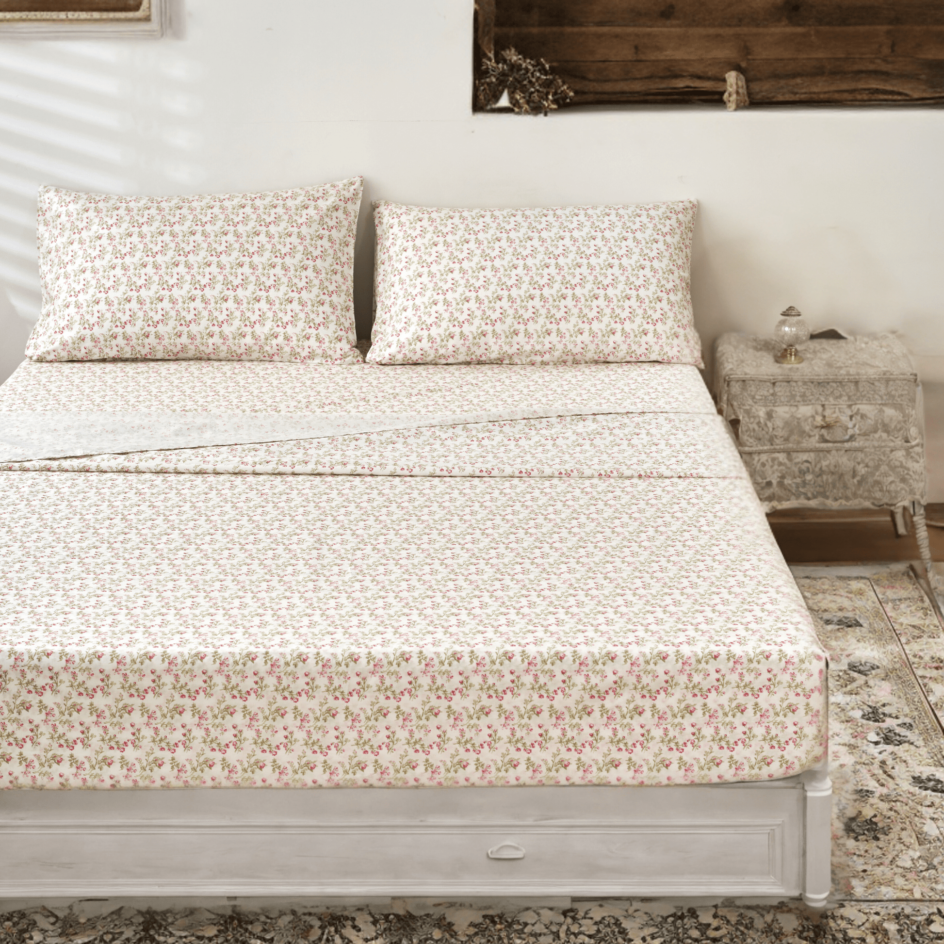DaDa Bedding Collection Romantic Coquette Sheet Set - 100% Cotton [ Poplin Cotton ] Floral Fitted & Flat Sheets with Pillowcases - Deep Pocket Design - Soft, Breathable, Wrinkle - Resistant - mosswell.us