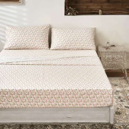 DaDa Bedding Collection Romantic Coquette Sheet Set - 100% Cotton [ Poplin Cotton ] Floral Fitted & Flat Sheets with Pillowcases - Deep Pocket Design - Soft, Breathable, Wrinkle - Resistant - mosswell.us