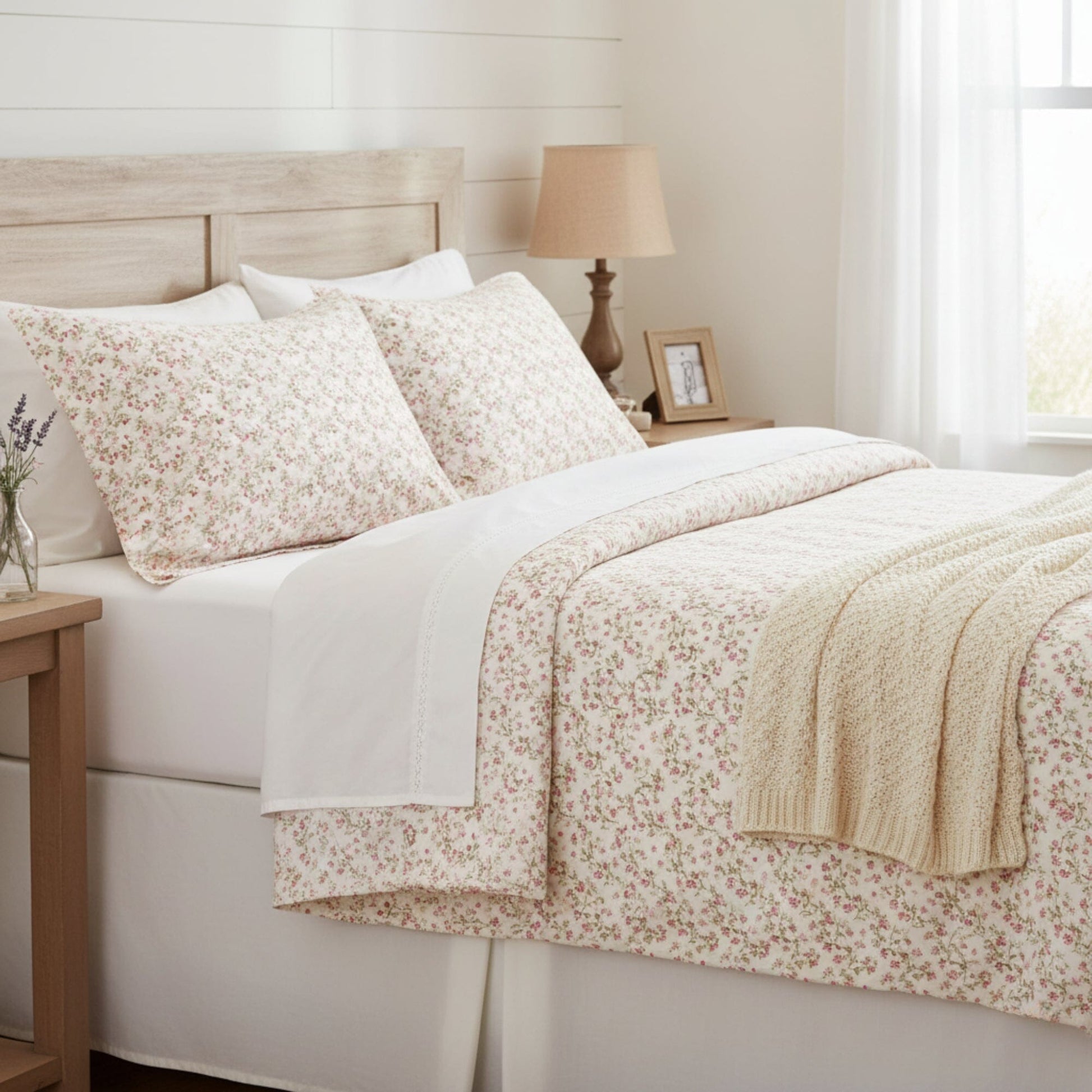 DaDa Bedding Collection Romantic Coquette Sheet Set - 100% Cotton [ Poplin Cotton ] Floral Fitted & Flat Sheets with Pillowcases - Deep Pocket Design - Soft, Breathable, Wrinkle - Resistant - mosswell.us