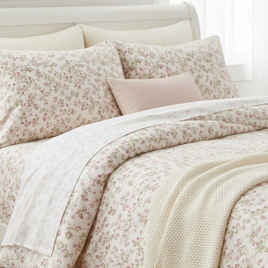 DaDa Bedding Collection Romantic Coquette Sheet Set - 100% Cotton [ Poplin Cotton ] Floral Fitted & Flat Sheets with Pillowcases - Deep Pocket Design - Soft, Breathable, Wrinkle - Resistant - mosswell.us