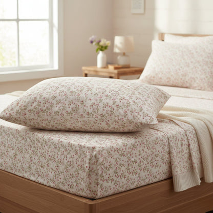 DaDa Bedding Collection Romantic Coquette Sheet Set - 100% Cotton [ Poplin Cotton ] Floral Fitted & Flat Sheets with Pillowcases - Deep Pocket Design - Soft, Breathable, Wrinkle - Resistant - mosswell.us