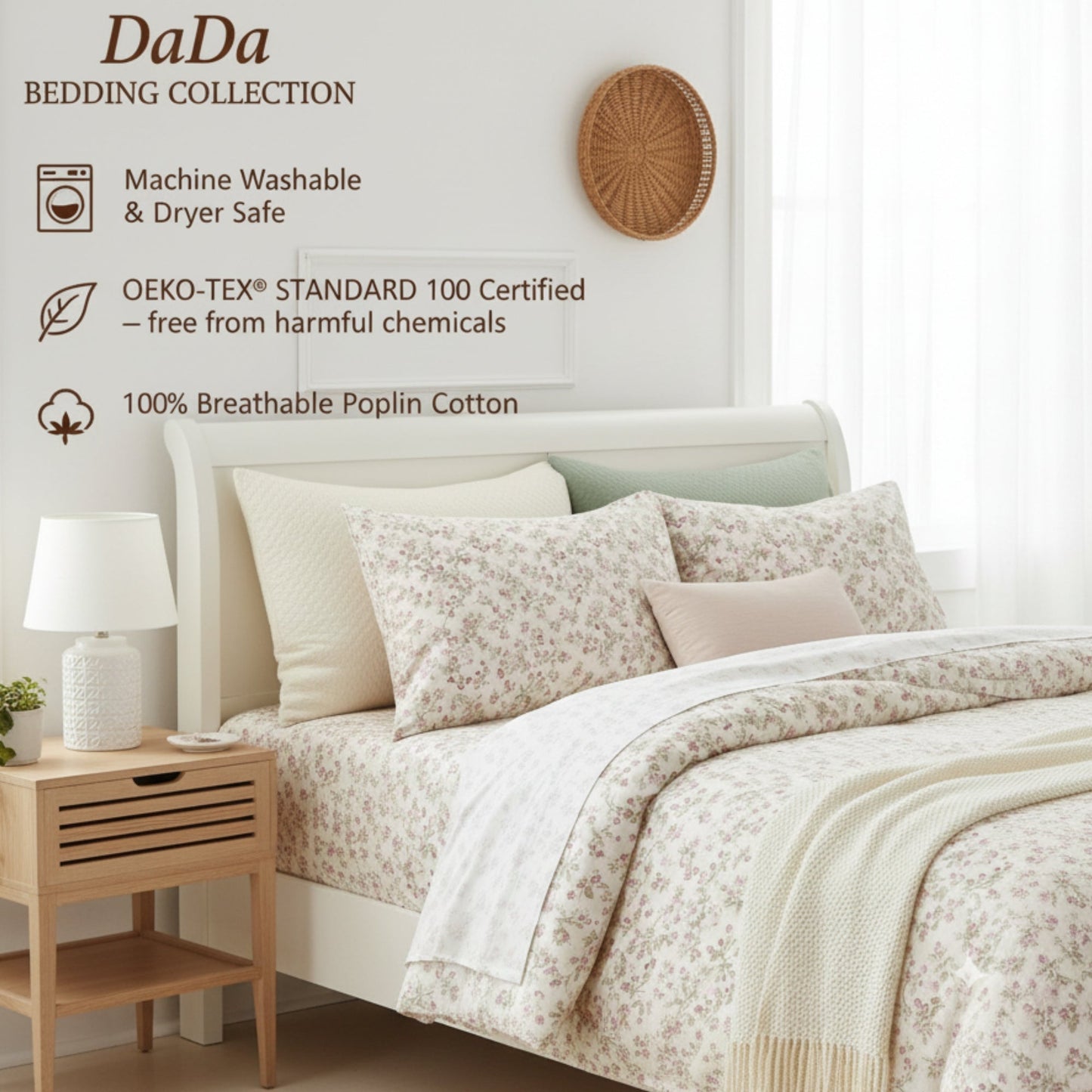 DaDa Bedding Collection Romantic Coquette Sheet Set - 100% Cotton [ Poplin Cotton ] Floral Fitted & Flat Sheets with Pillowcases - Deep Pocket Design - Soft, Breathable, Wrinkle - Resistant - mosswell.us