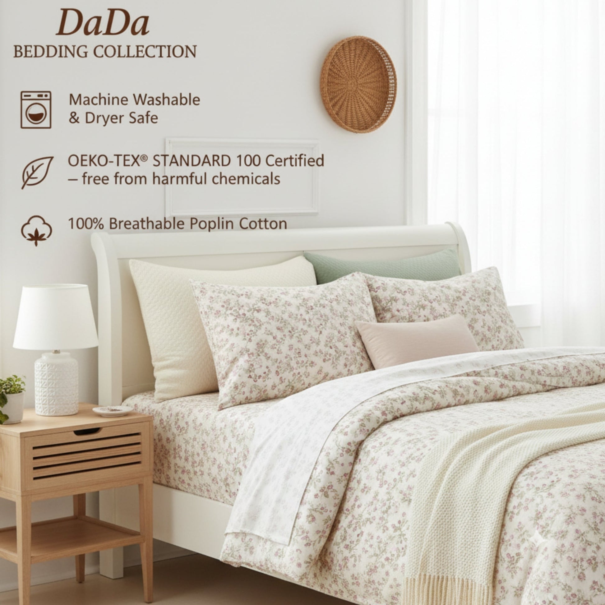 DaDa Bedding Collection Romantic Coquette Sheet Set - 100% Cotton [ Poplin Cotton ] Floral Fitted & Flat Sheets with Pillowcases - Deep Pocket Design - Soft, Breathable, Wrinkle - Resistant - mosswell.us