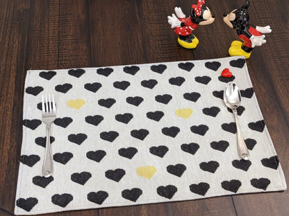 DaDa Bedding Set of 4 - Pieces Lovely Yellow & Black Hearts Tapestry Dining Table Placemats 13” x 19” (18113) - mosswell.us