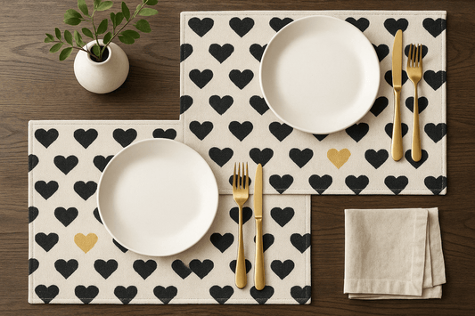 DaDa Bedding Set of 4 - Pieces Lovely Yellow & Black Hearts Tapestry Dining Table Placemats 13” x 19” (18113) - mosswell.us