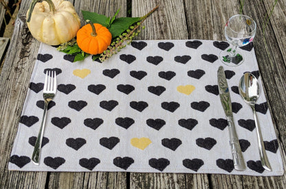 DaDa Bedding Set of 4 - Pieces Lovely Yellow & Black Hearts Tapestry Dining Table Placemats 13” x 19” (18113) - mosswell.us