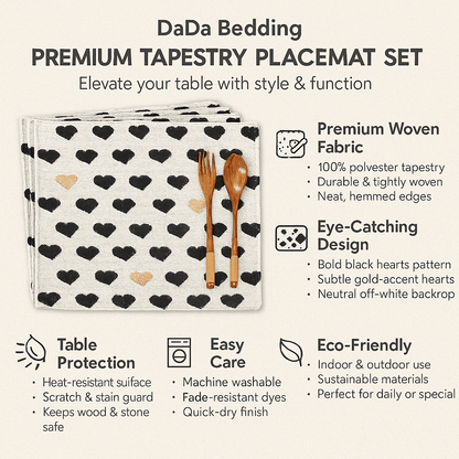 DaDa Bedding Set of 4 - Pieces Lovely Yellow & Black Hearts Tapestry Dining Table Placemats 13” x 19” (18113) - mosswell.us